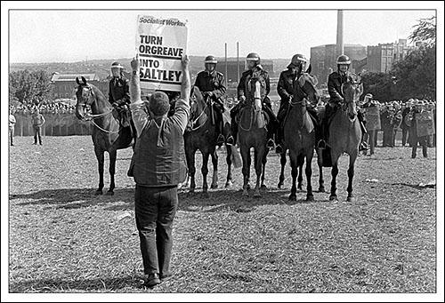 Greetings card of Orgreave Coking Plant, Near Sheffield, 18th June 1984 showing a picket holding up a placard saying "Turn Orgreave into Saltely".