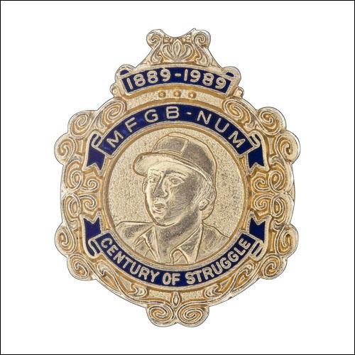 Greetings card of the enamel badge produced in 1989 to celebrate the centenary of the MFGB and the NUM.