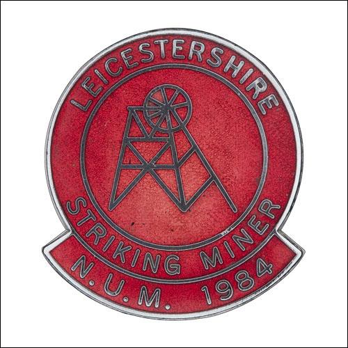 Greetings card of the enamel badge for the Leicestershire striking miners.