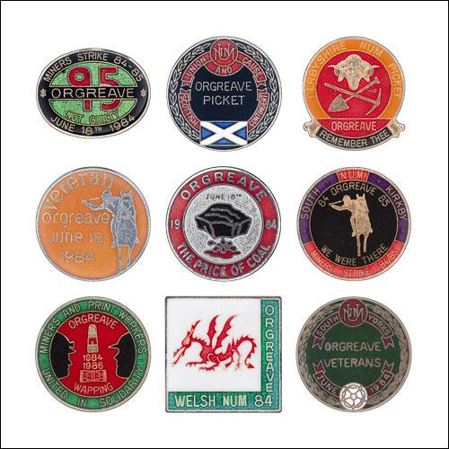 Greetings card of a collection of badges about the picket at the Orgreave Coking Plant in 1984.