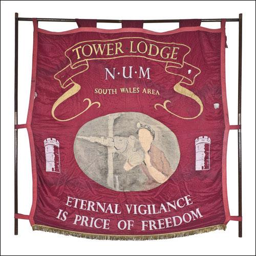 Greetings card of the front of the banner of Tower Lodge of South Wales Area of the NUM.