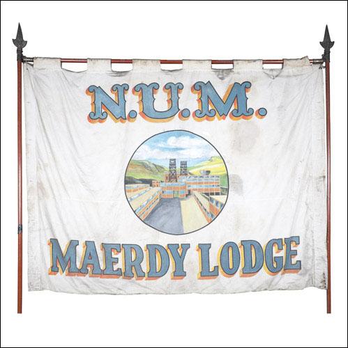 Greetings card of the front of the banner of Maerdy Lodge of the South wales Area of the NUM.