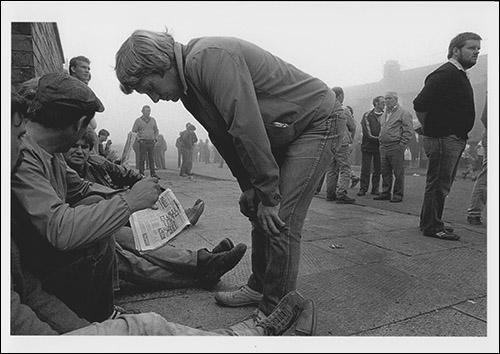 The greetings card showing early morning  pickets at Office Street, Easington Colliery, County Durham, in August 1984.