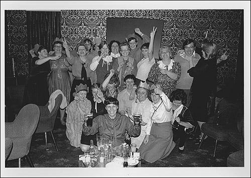 The greetings card showing a group of women who ran the kitchen and cafe at the Colliery Club enjoying themselves at the Christmas party in 1984.