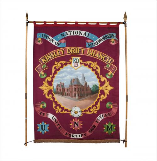 The front of the greetings card of the banner of Kinsley Drift Branch of the Yorkshire Area of the NUM.