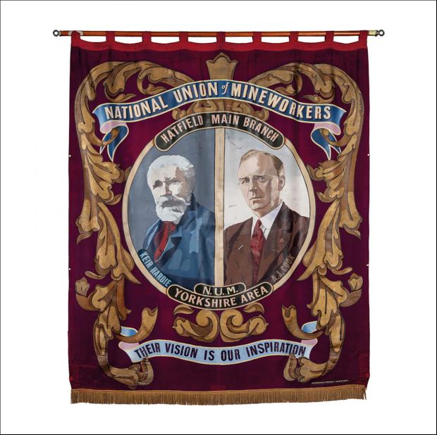The front of the greetings card of the banner of Hatfield Main Branch of  the Yorkshire Area of the NUM.