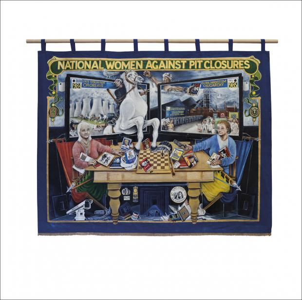 The front page of the greetings card of the second banner of the Barnsley Miners Wives Action Group showing the front of the banner.