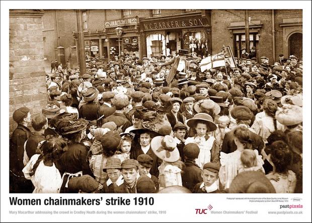 Poster of rally of striking Women Chainmakers being addressed by Mary McCarthur during the strike of 1910.