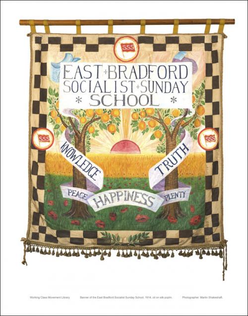 Poster of the front of the banner of the East Bradford Socialist Sunday School.