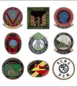 Greetings card of a collection of enamel badges from Northumberland.