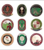 Greetings card of a collection of enamel badges of womens' groups from the coalfields.