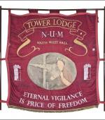 Greetings card of the front of the banner of Tower Lodge of South Wales Area of the NUM.