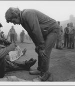 The greetings card showing early morning  pickets at Office Street, Easington Colliery, County Durham, in August 1984.