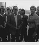 Greetings card of pickets at the front gates of easington Colliery on 20th August 1985 as the police try to get the first working miner into the pit.