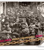 Poster of striking women chainmakers and allies in an alleyway after a meeting in 1910.